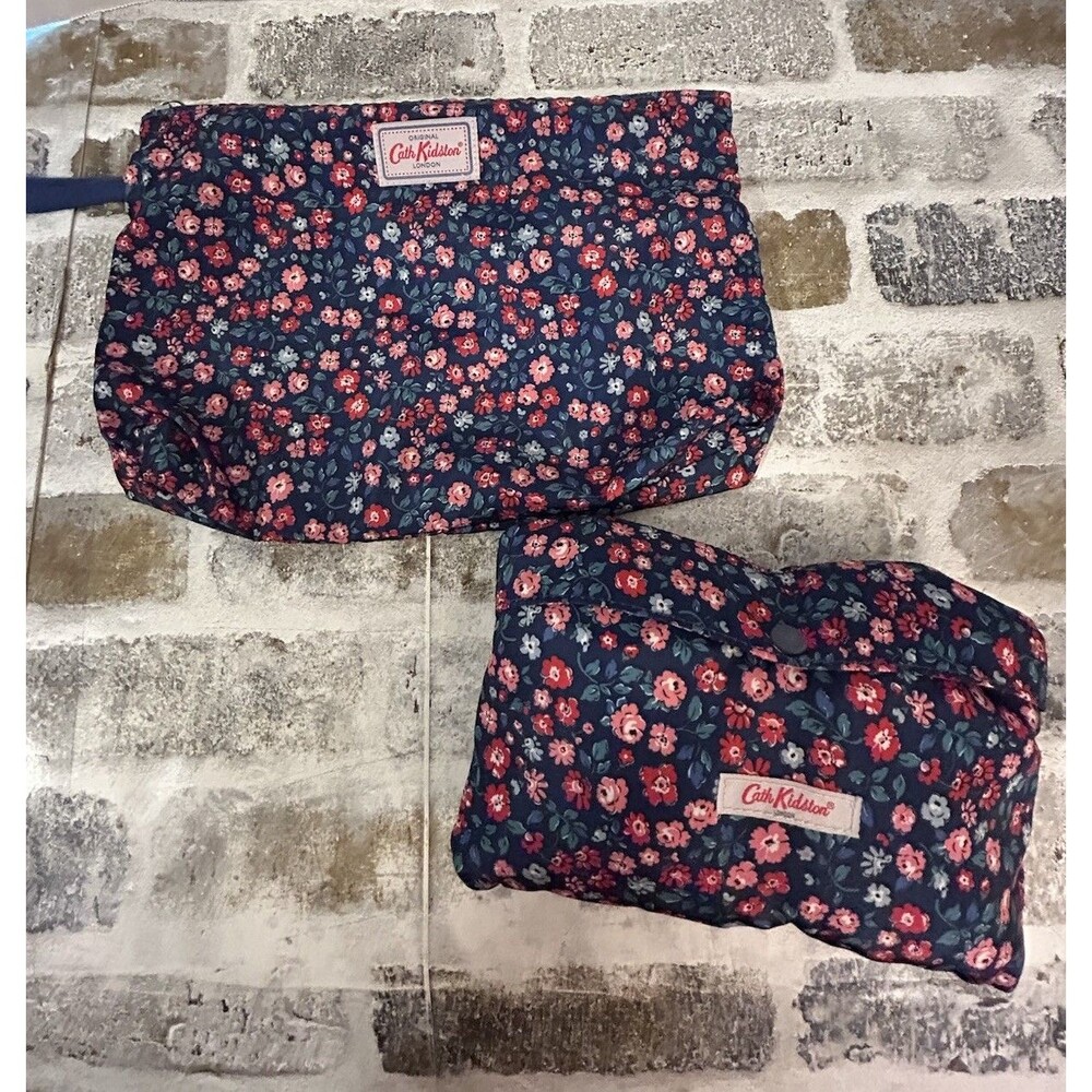 Cath Kidston London Foldaway Overnight Bag Navy Blue Red Pink Floral + Zip Bag